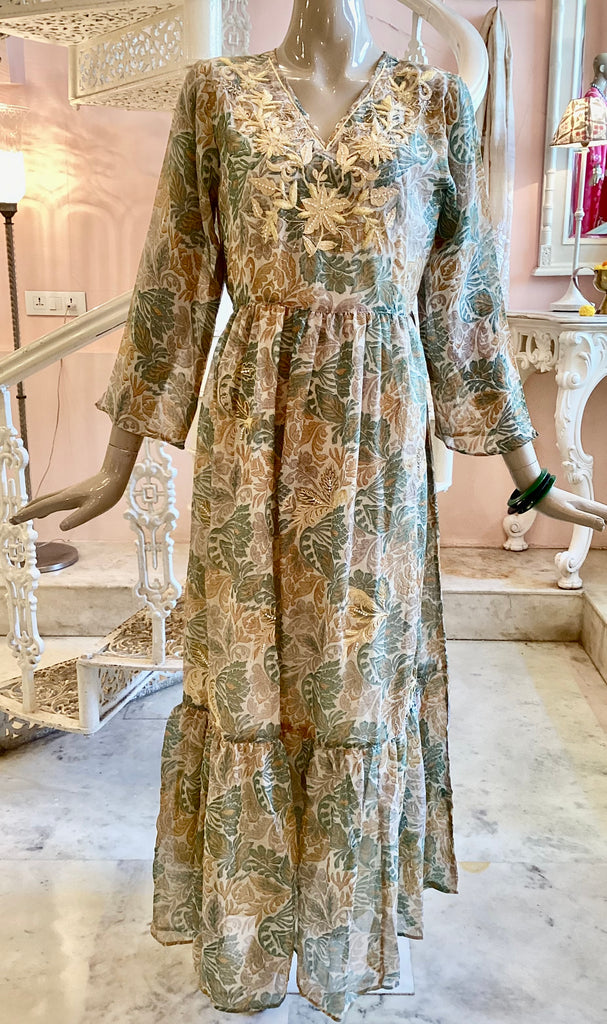 Salisbury silk chiffon gold hand embroidered maxi